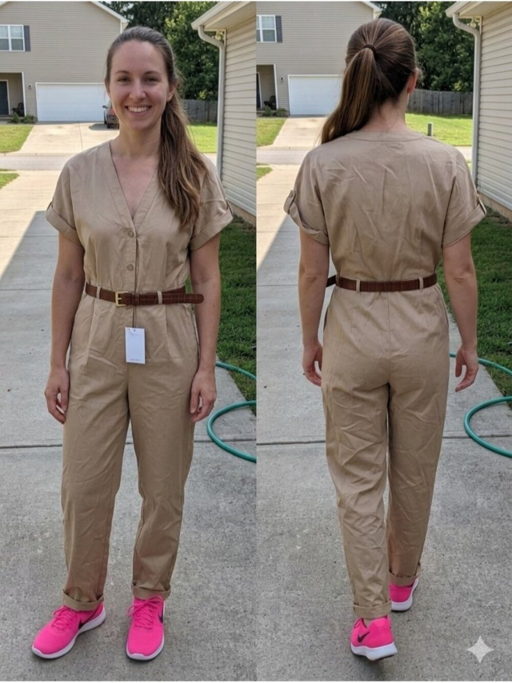 Zara NWT Jumpsuit Small S Khaki Tan Belted Short Sleeve Wide Leg Utility